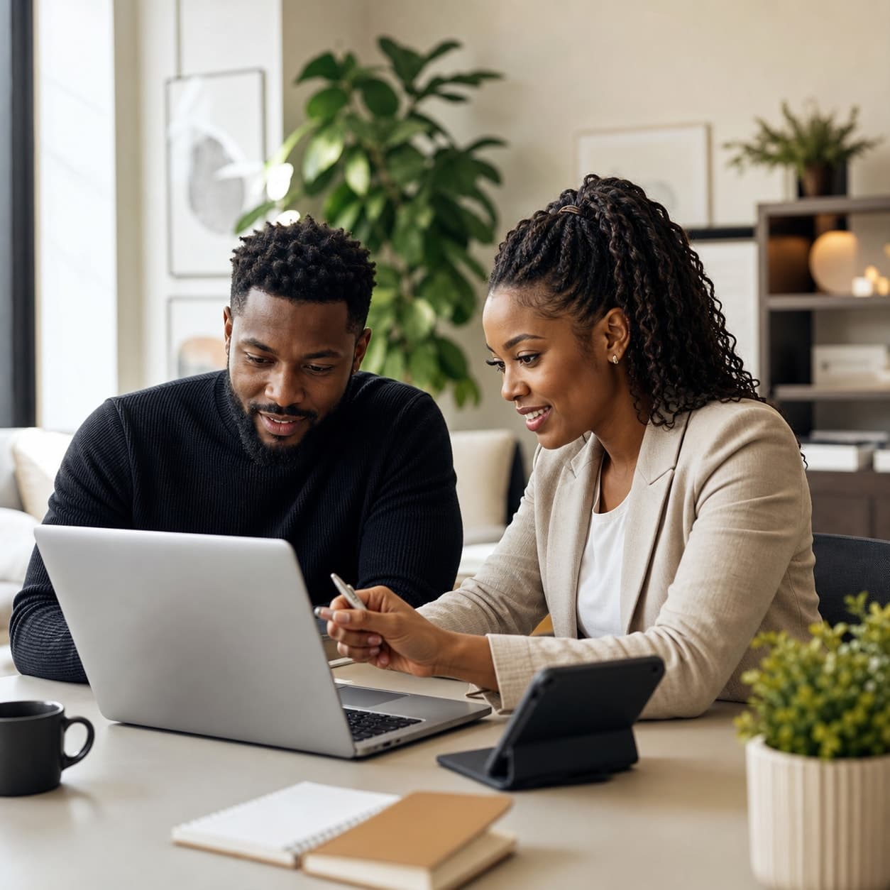Two Black professionals collaborating during an onboarding session.