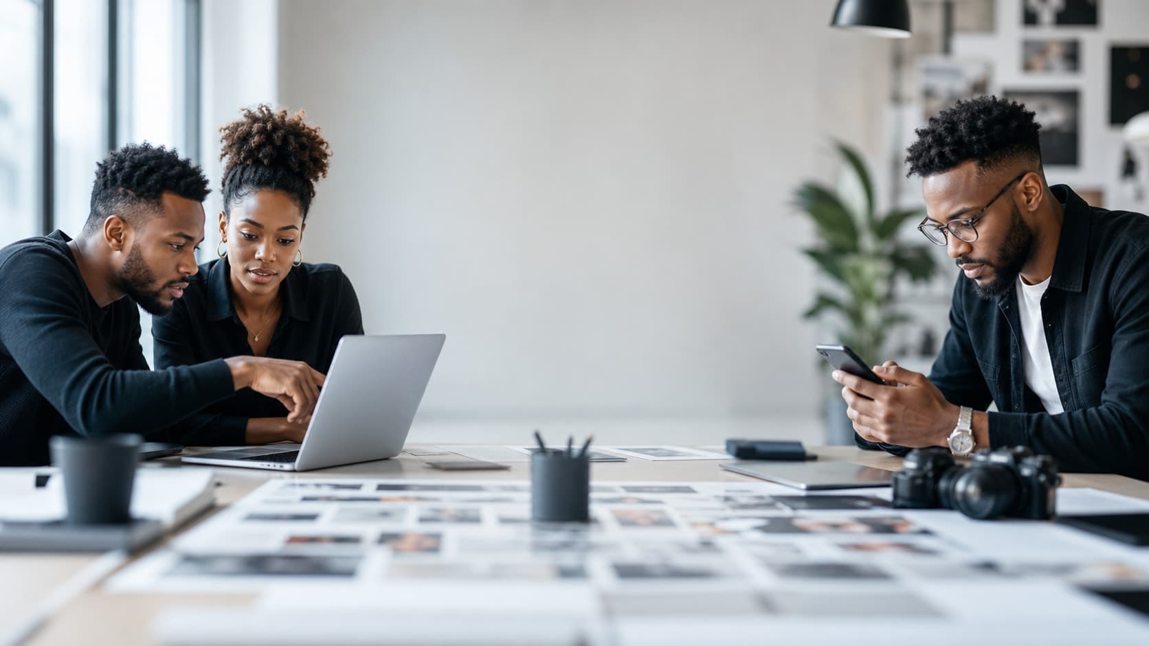 A Black marketing team collaborating in a creative workspace.